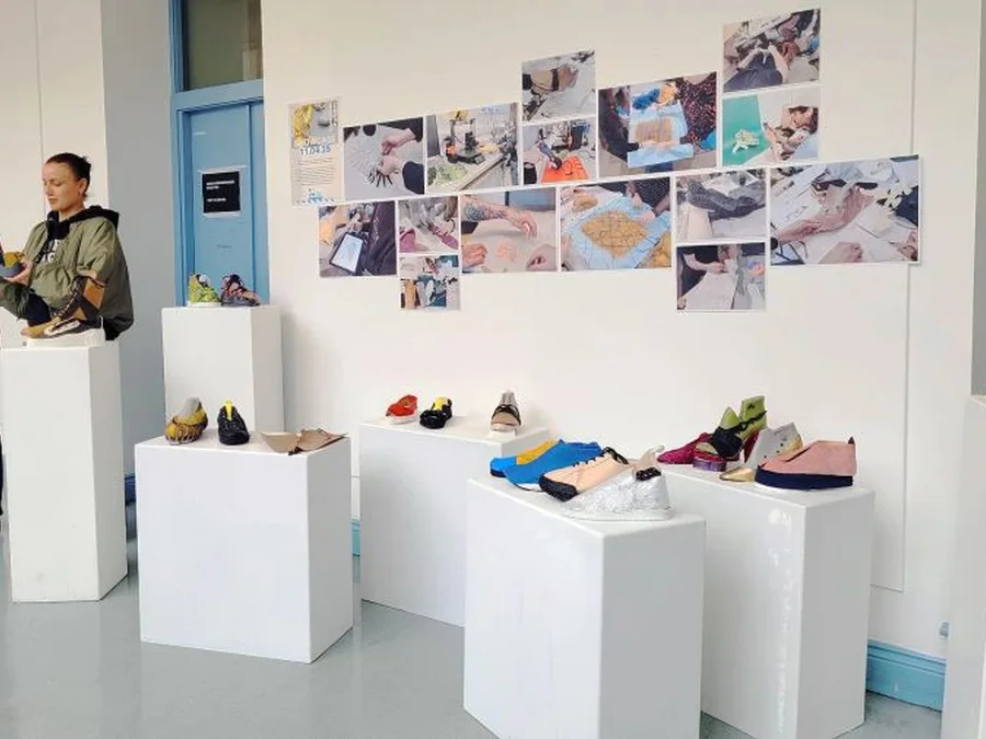 A display of footwear prototypes and design work